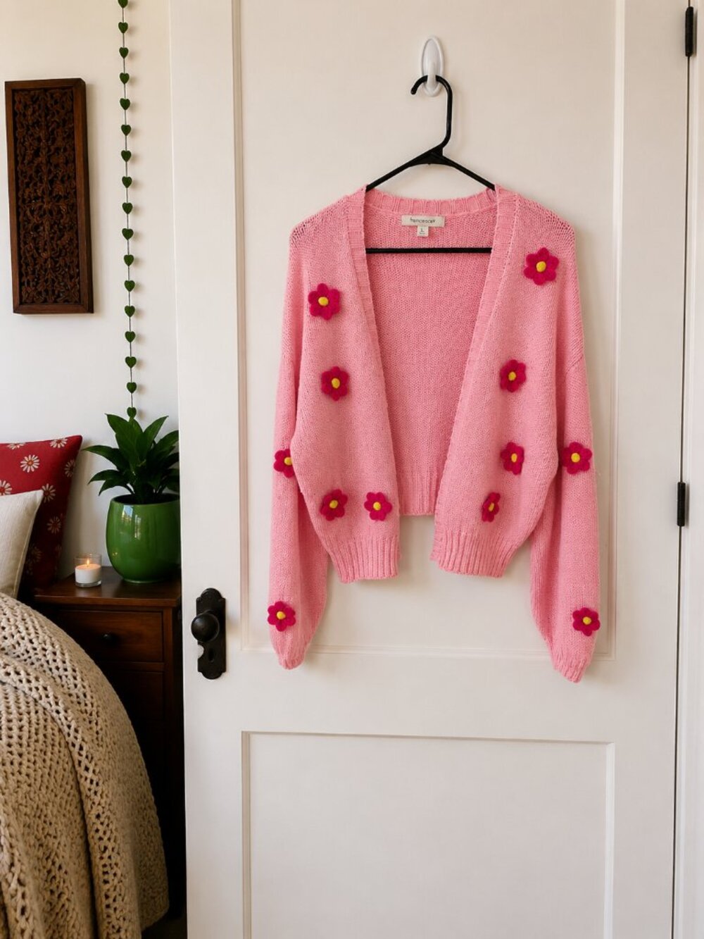 Francesca's 3D Floral Appliqué Cardigan Sweater Large Pink
